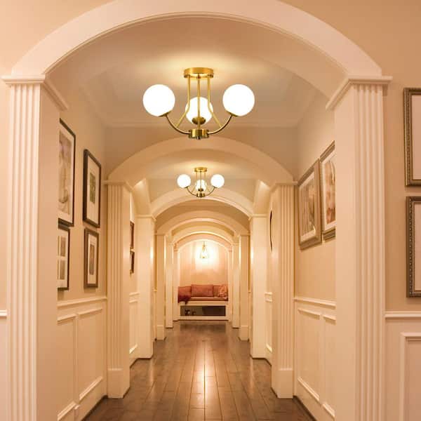 19 in. Gold Industrial Semi-Flush Mount Ceiling Light with Globe Frosted Glass Shade for Dinning Room Entryway