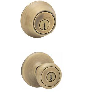 Tylo Antique Brass Entry Door Knob and Single Cylinder Deadbolt Combo Pack with Microban Antimicrobial Technology