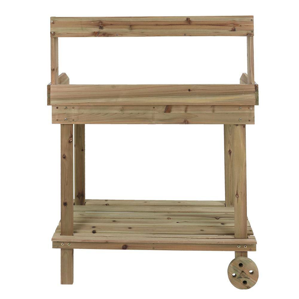 Natural Fir Wood Mobile Potting Bench with Drawer and Shelves