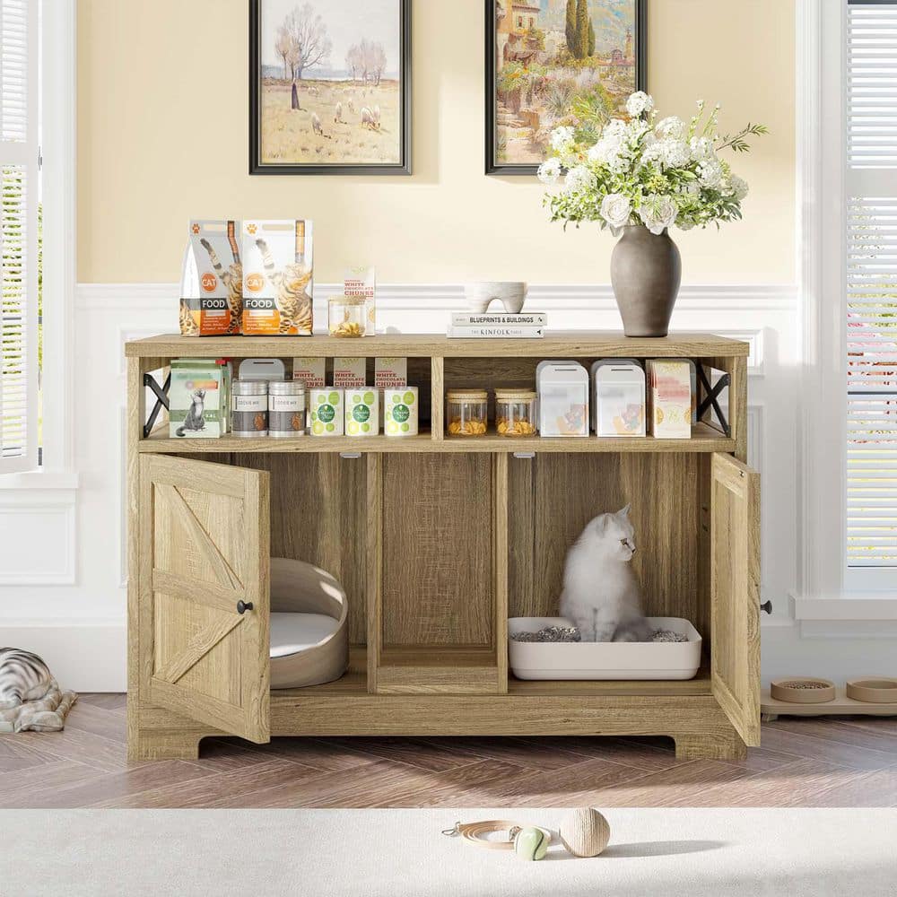 Brown 2-Door Pantry Cabinet, Farmhouse Indoor Cat House End Table