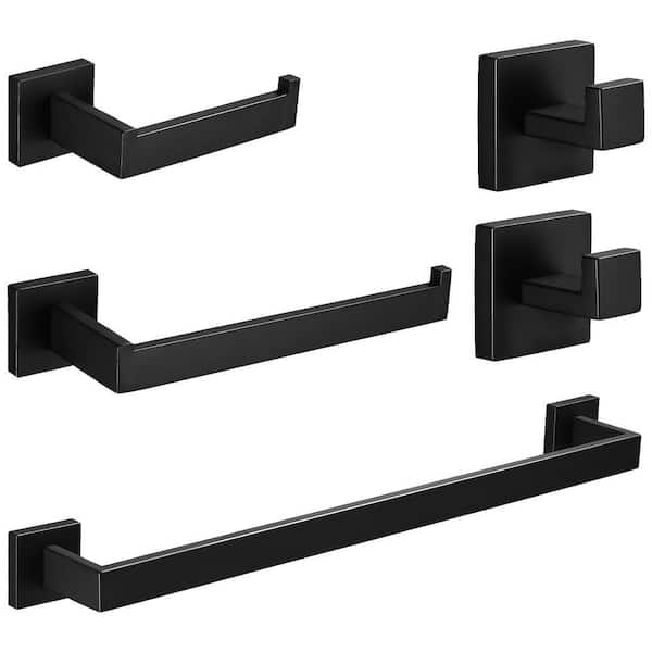 5-Piece Bath Hardware Set with Towel Bar Toilet Paper Holder Towel Hook in Matte Black