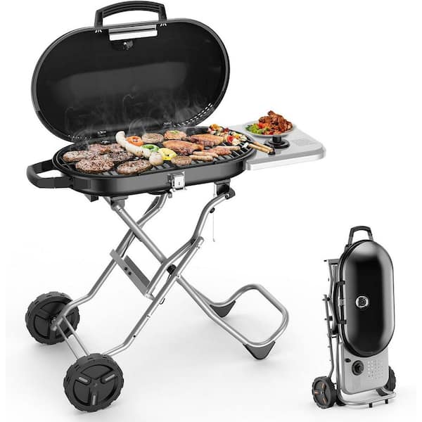 40 in. Standup Portable Propane Grill in Black with Lid, Side Table And Two Wheels