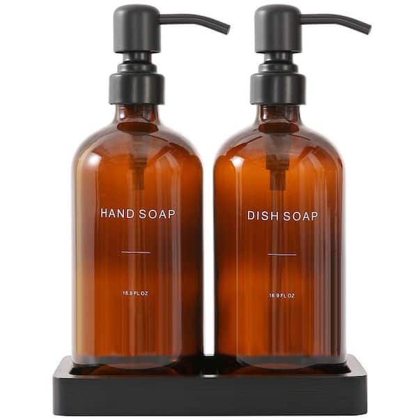 16.9 oz. Soap and Lotion Dispenser with Stainless Steel Pump, Perfect for Modern Bathroom Decor, Amber Bottle Black Pump