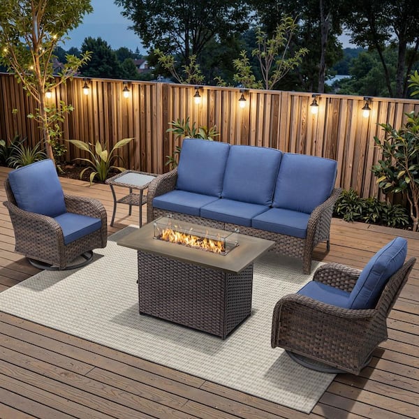 5-Piece Wicker Patio Conversation Set Propane Fire Pit Table for Garden with Blue Cushions and Side Table