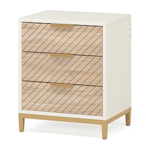 Fenley White Gold 3 Drawers 19.7 in. Nightstand Bedside Table, Wood Grain Nightstands Bedroom Nightstand with Storage