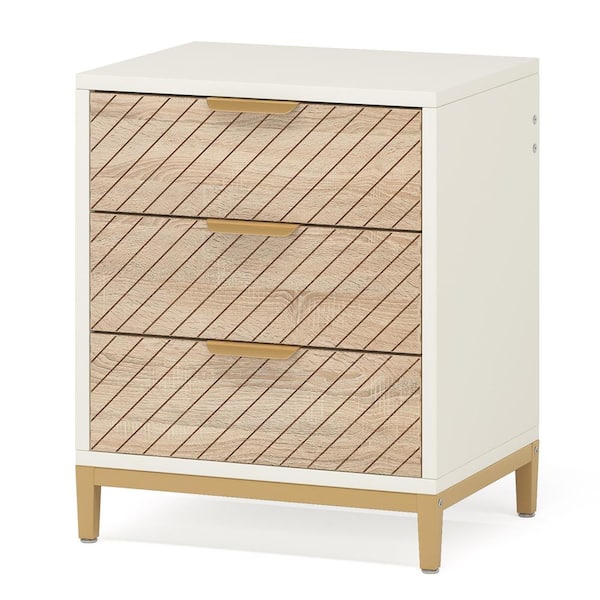 BYBLIGHT Fenley White Gold 3 Drawers 19.7 in. Nightstand Bedside Table, Wood Grain Nightstands Bedroom Nightstand with Storage