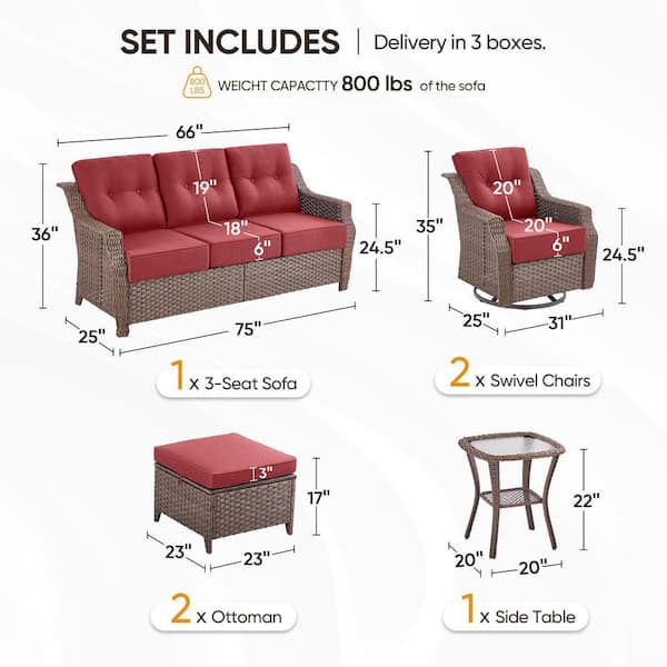 Modern Farmhouse 6-Piece Brown Wicker Patio Conversation Set with 6 In. Red Cushions/3-Seat Sofa with Swivel Chairs