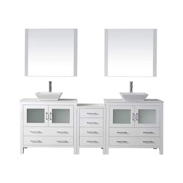 Virtu USA Dior 91 in. W Bath Vanity in White with Stone Vanity Top in White with Square Basin and Mirror