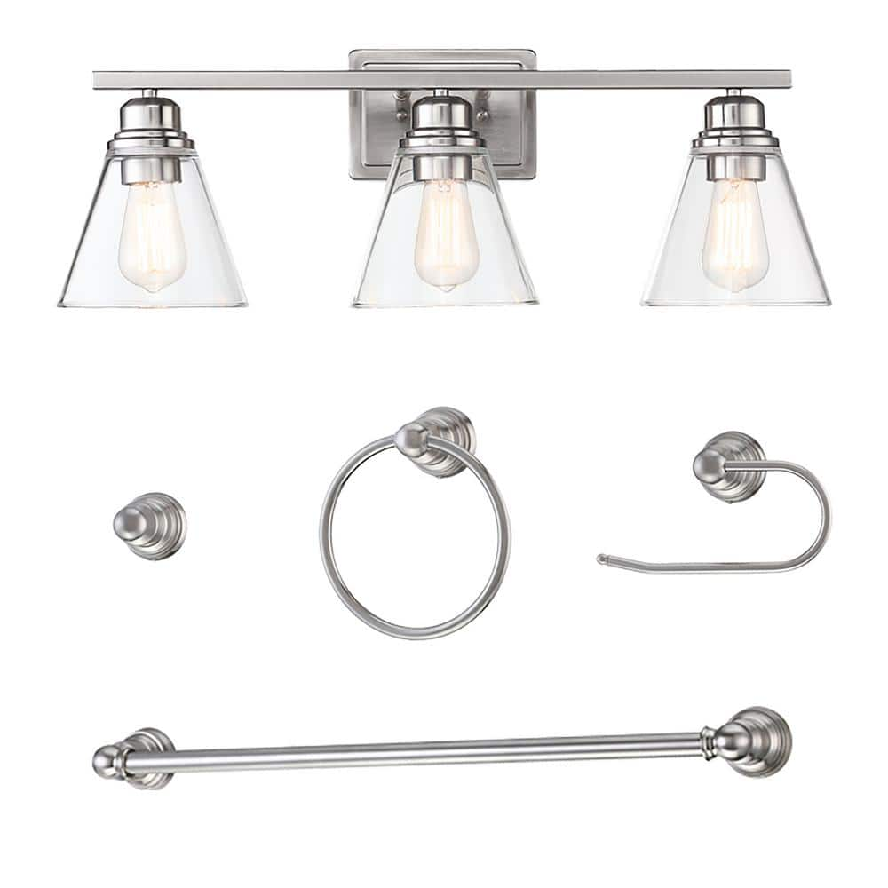 3-Light Clear Glass Shade Bathroom Vanity Light Over Mirror  5-Piece All-in-One Bathroom Set  Brushed Nickel