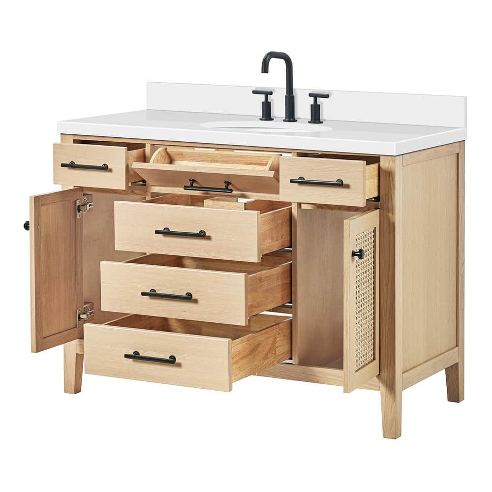 Camila 49" Light Brown Wood Single Sink Bathroom Vanity with White Quartz Top