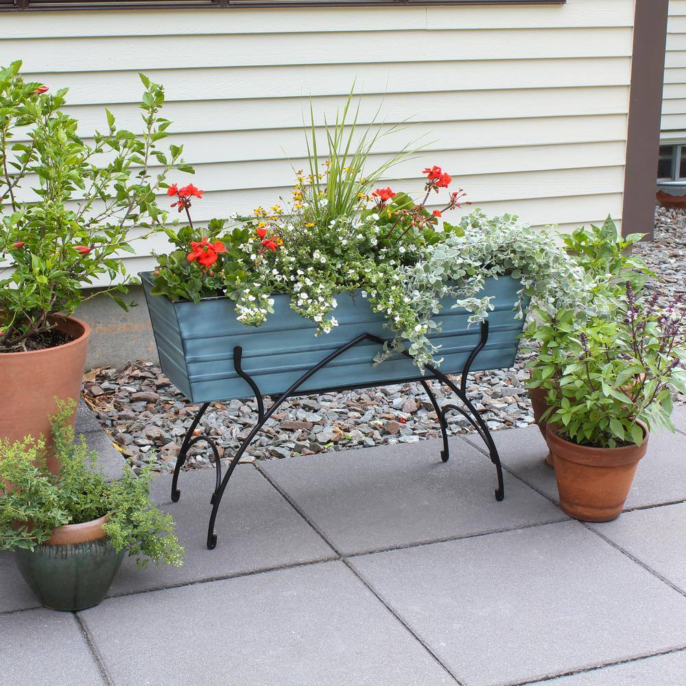 Nantucket Blue Galvanized Steel Flower Planter Box with Iron Stand