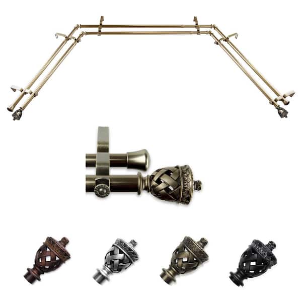 EMOH 13/16" Dia Adjustable 20"-36", 38"-72" Bay Window Double Curtain Rod with Pablo Finials in Antique Brass