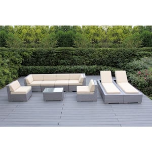 Gray 9-Piece Wicker Patio Combo Conversation Set with Supercrylic Beige Cushions