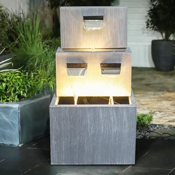 Unbranded 25 in. Outdoor Garden Floor Freestanding Water Fountain with LED Lights and Pump (3-Tiered)