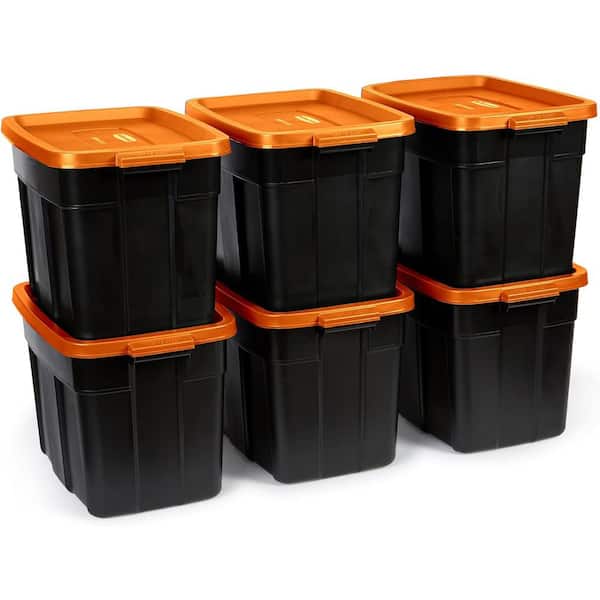 Rubbermaid Roughneck 18 Gal Storage Totes with Lids, Black/Orange, (Pack of 6)
