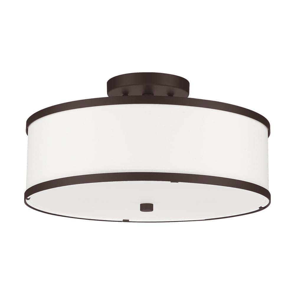 Bronze Drum 3-Light Semi-Flush Mount with Off-White Fabric Shade