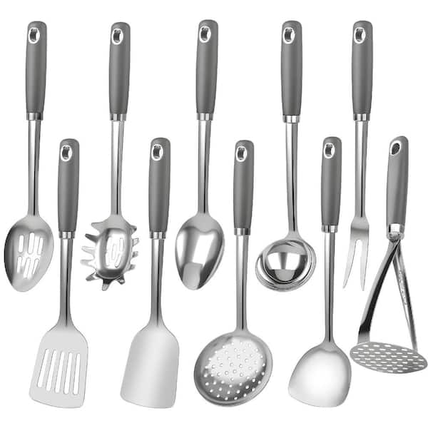 10-Piece Grey 18/0 Stainless Steel Cooking Utensil Set with Riveted Handles for Grilling and Serving