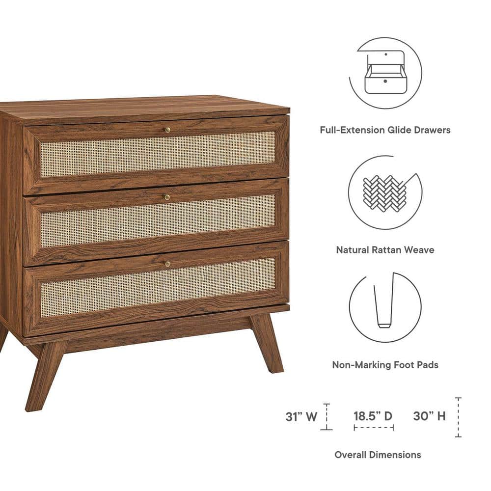 Walnut 3-Drawer Dresser with Rattan Weave Fronts