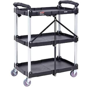 25.62 in. Foldable Utility Service Tool Cart, 3 Shelf 165 lb. Heavy Duty Plastic Rolling Cart with Lockable Wheels