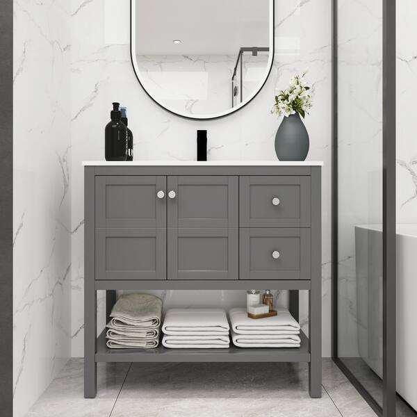 Aoibox 36 in. W x 18 in. D x 35 in. H Freestanding Bath Vanity in Rock Gray with White Single Sink Basin and Soft Close Drawers