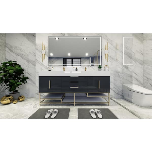 BV Better Vanity Bethany 71 in. W. x 20 in. D x 36 in. H Double Sink Freestanding Bath Vanity in Gloss Gray with White Acrylic Top