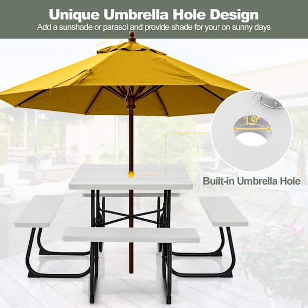 67 in. White Rectangle HDPE Picnic Table Seats 8 People with Umbrella Hole