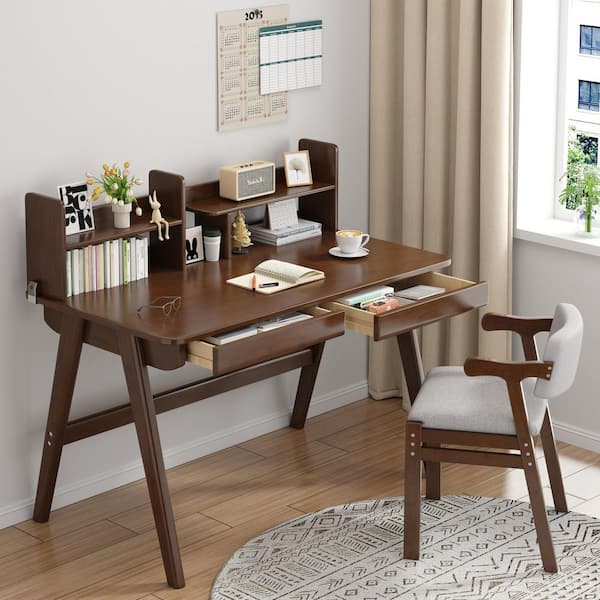 2-Piece Rubber Wood Top Brown Kids Study Desk Sets with Bookshelf, Study/Writing Table for Bedroom Home Office
