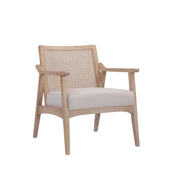 Benjara Brown and Beige Polyester Armchair with Cane Back and Wooden Frame