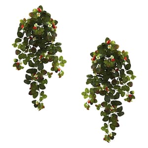 31 in. Artificial Strawberry Hanging Bush with Berry (Set of 2)