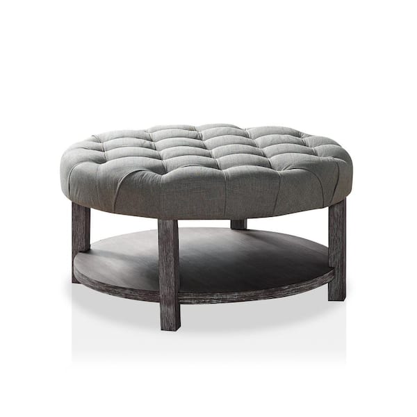 Furniture of America Ipek Antique Washed Gray Round Button Tufted Ottoman