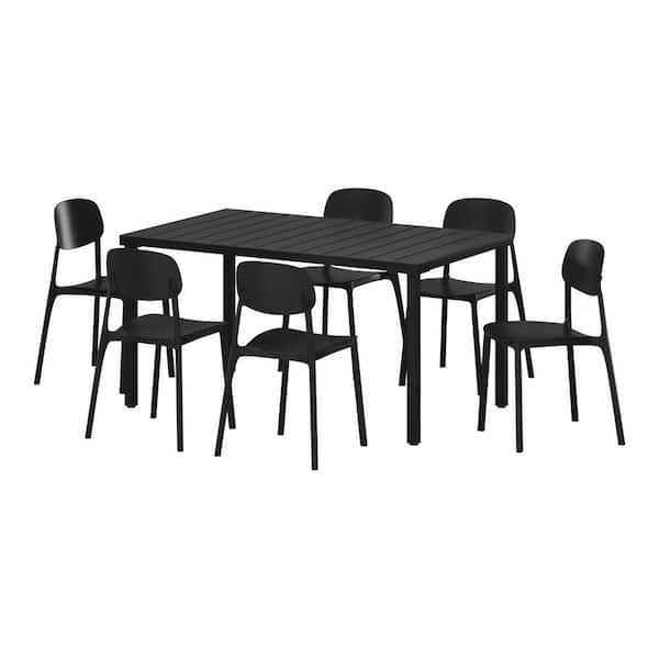 Frond and Form Outdoor Patio Modern 7-Piece Rectangular Steel Table, 6 Stackable HDPE Plastic Chairs Dining Set, Black