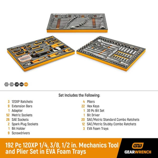 120 XP 1/4 in., 3/8 in., 1/2 in. Plier and Mechanics Tool Set in EVA Foam Trays (192-Piece)