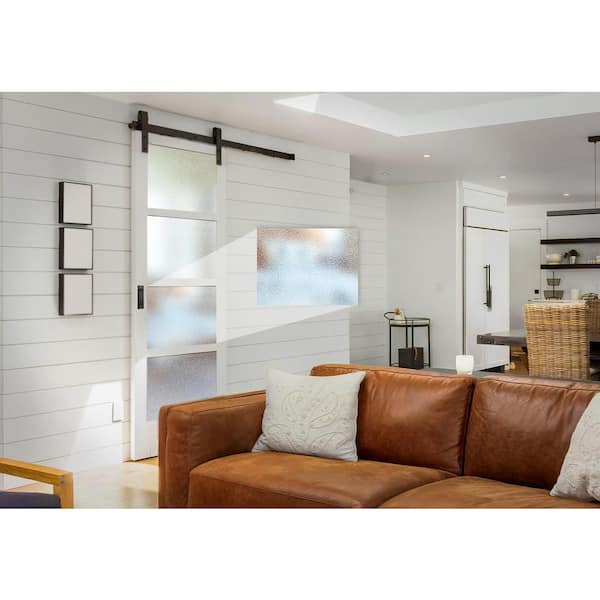 Farmhouse Series 36 in. x 84 in. 4-Lite Mistlite Glass White Primed Wood Interior Sliding Barn Door with Bronze Hard