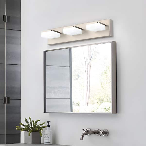 20.5 in. 3 Light Nickel Vanity Light Bar with Dimmable 5500K Light and 270° Swivel Range Acrylic Lampshade