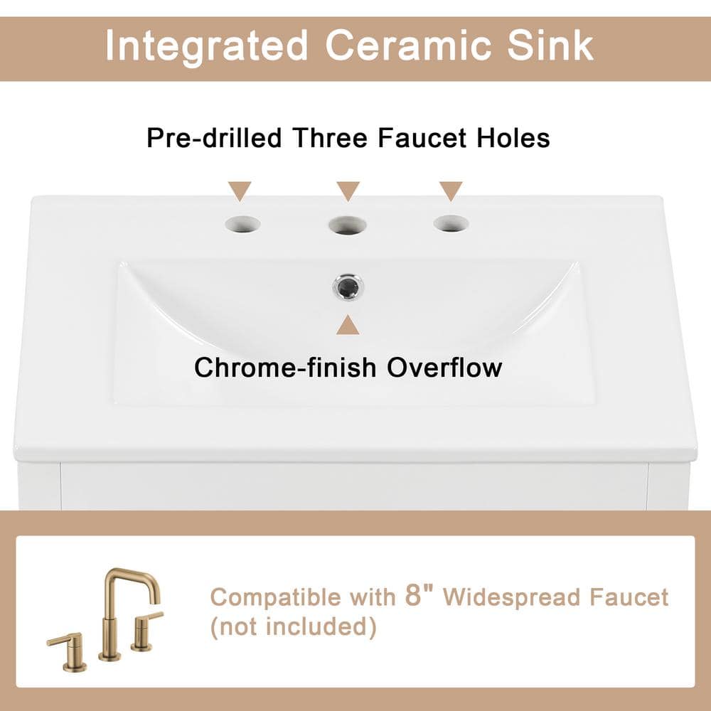 24" White Freestanding Bathroom Vanity with Ceramic Top and Drawer
