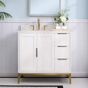 36 in.W x 22 in.D x 35 in.H Solid Wood Bath Vanity in White with White Quartz Scratch Top, Single Sink,Soft-Close Drawer