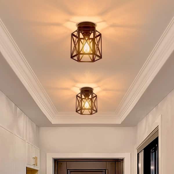 Farmhouse 7.87 in. 1-Light Matte Black Industrial Semi-Flush Mount Ceiling Light With Metal Cage Shade(2-Pack)