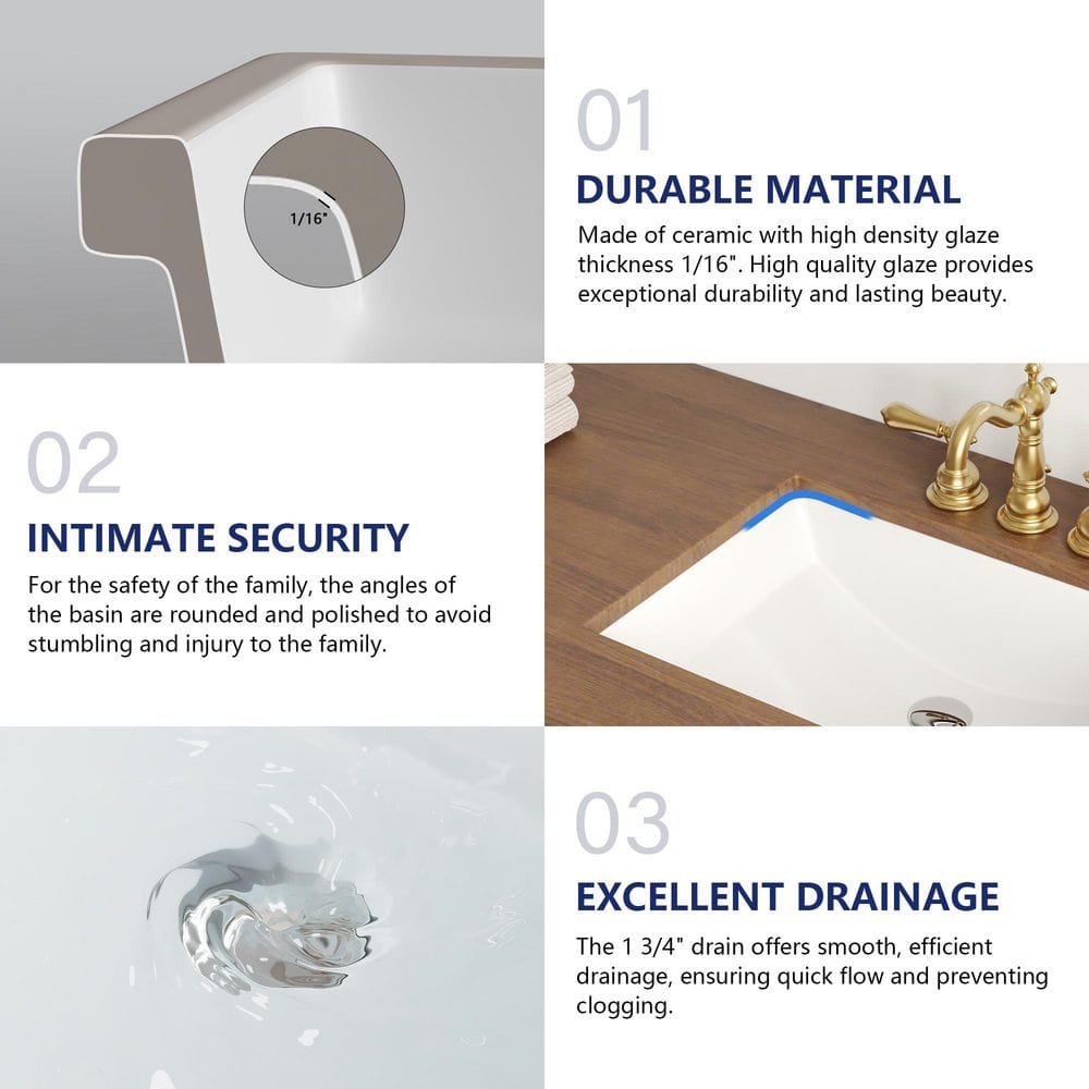 Elegant 21'' White Ceramic Undermount Rectangular Bathroom Sink with Overflow