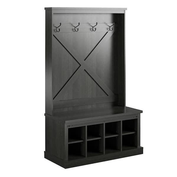 Ameriwood Home Black Oak Bayshore Heights Entryway Bench Hall Tree with Coat Hooks and Shoe Storage