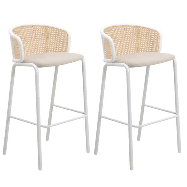 Leisuremod Ervilla Modern Wicker Bar Stool with Fabric Seat and White Powder Coated Steel Frame, Set of 2 (Beige)