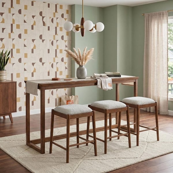 Forma 4pc Mid Century 72 in. Walnut Rectangle Wood Counter Height Console Table with 3 Stools