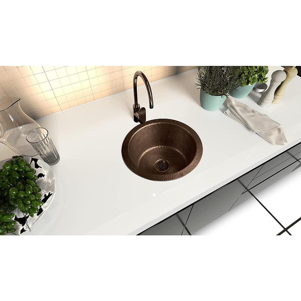 Hand Hammered Pure Copper Round Bar Prep Sink, 12 Inches
