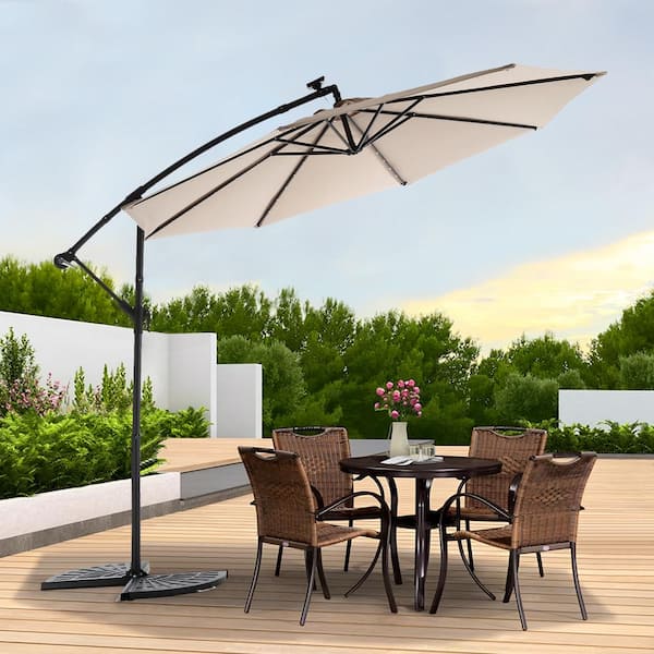 Tenleaf 10 ft. Solar LED Steel Offset Hanging Patio Umbrella in Khaki ...