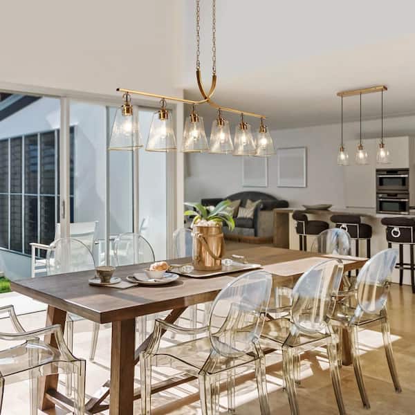 Sduiaor 55.1 in. 6-Light Transitional Brass Linear Chandelier with Textured Glass Shades Large Island Pendant Light