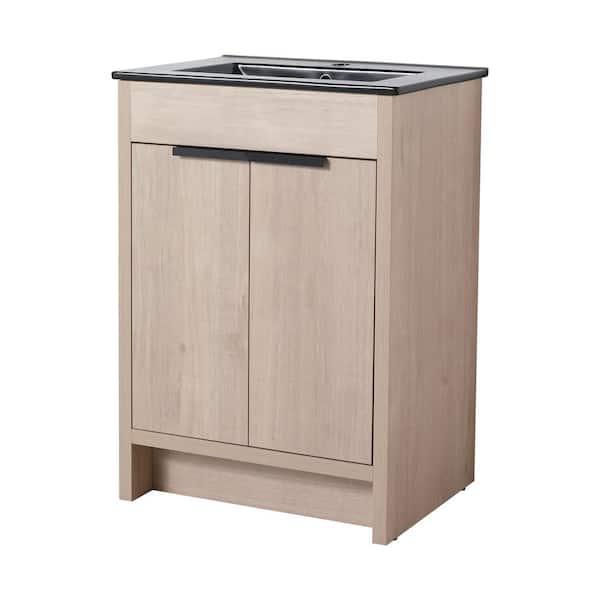 Unbranded 24 in. W x 18 in. D x 34 in. H Freestanding Oak Bath Vanity with Black Ceramic Sink & 2 Soft-Close Cabinet Doors