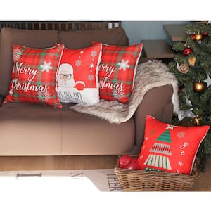 Christmas Themed Decorative Throw Pillow Square 18 in. x 18 in. White and Red for Couch, Bedding (Set of 4)
