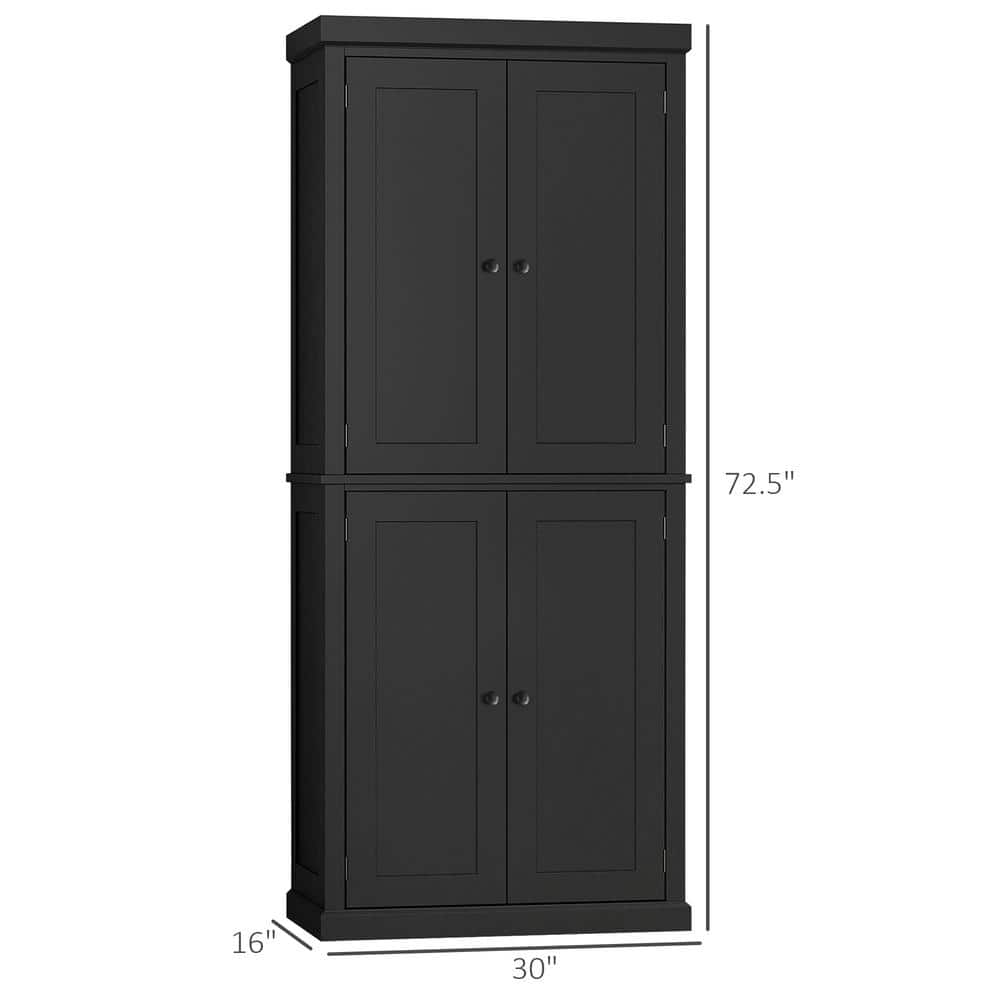 Tall Black MDF Kitchen Pantry Cabinet with Recessed Panel Doors