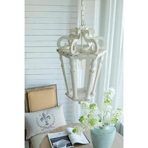 1-Light Cream White French Country Farmhouse Wood Chandelier with Adjustable Chain, Bulb Not Included