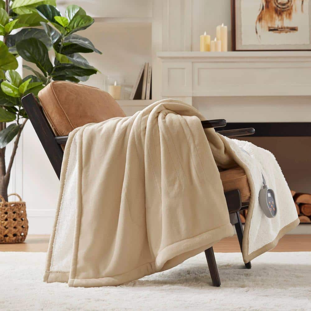 Queen Tan Sherpa Knitted Reversible Heated Blanket