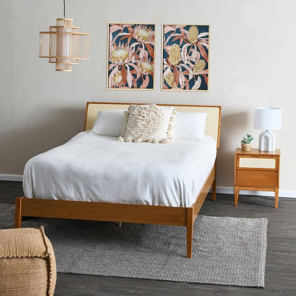 Crawford Queen Bed with Light Brown Pine Frame and Cane Headboard